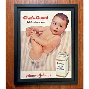Framed 1956 Johnson & Johnson's Baby Powder Chafe-Guard Baby Print Ad